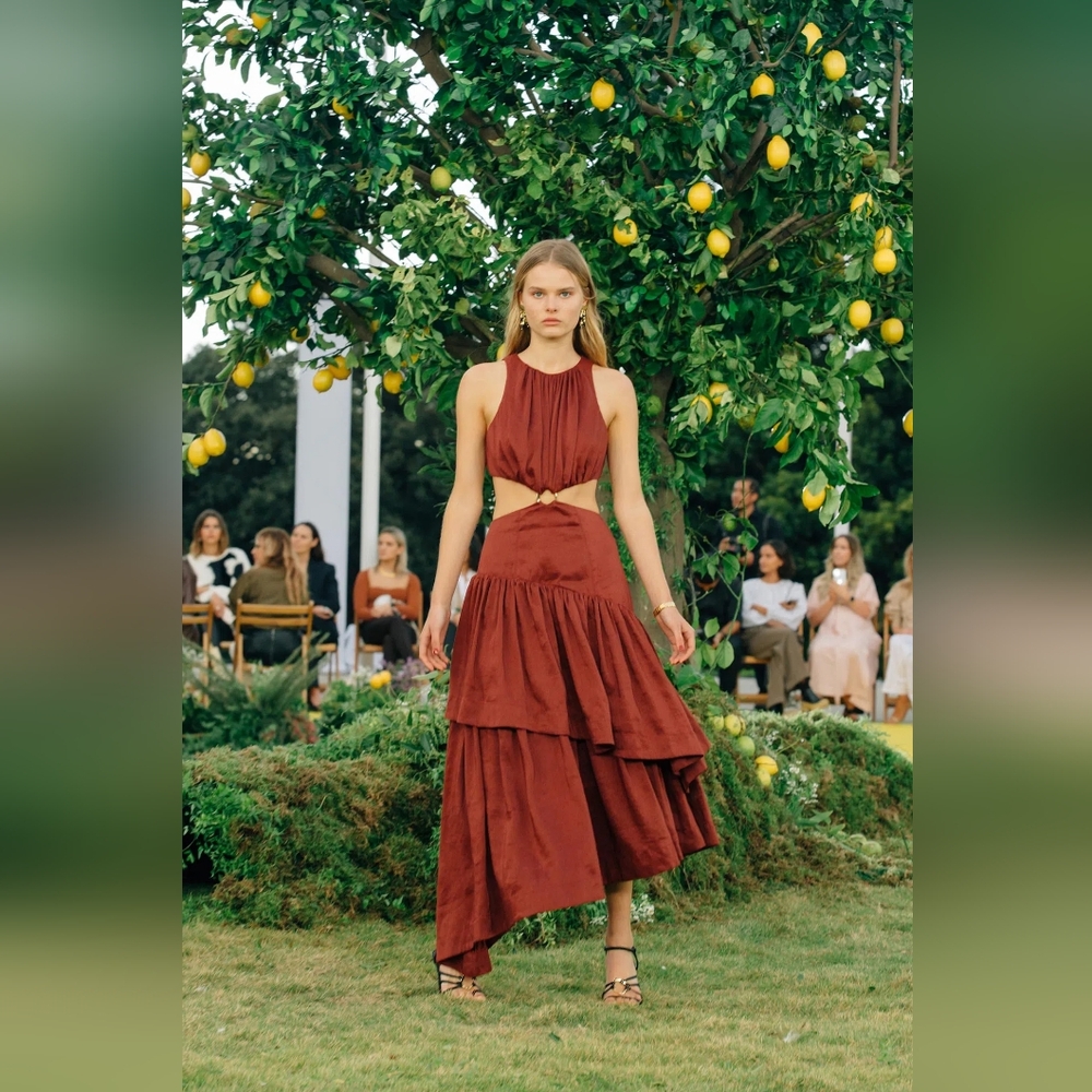 Aje Caliente Rust Cut-Out Midi Asymettrical Dress, US4